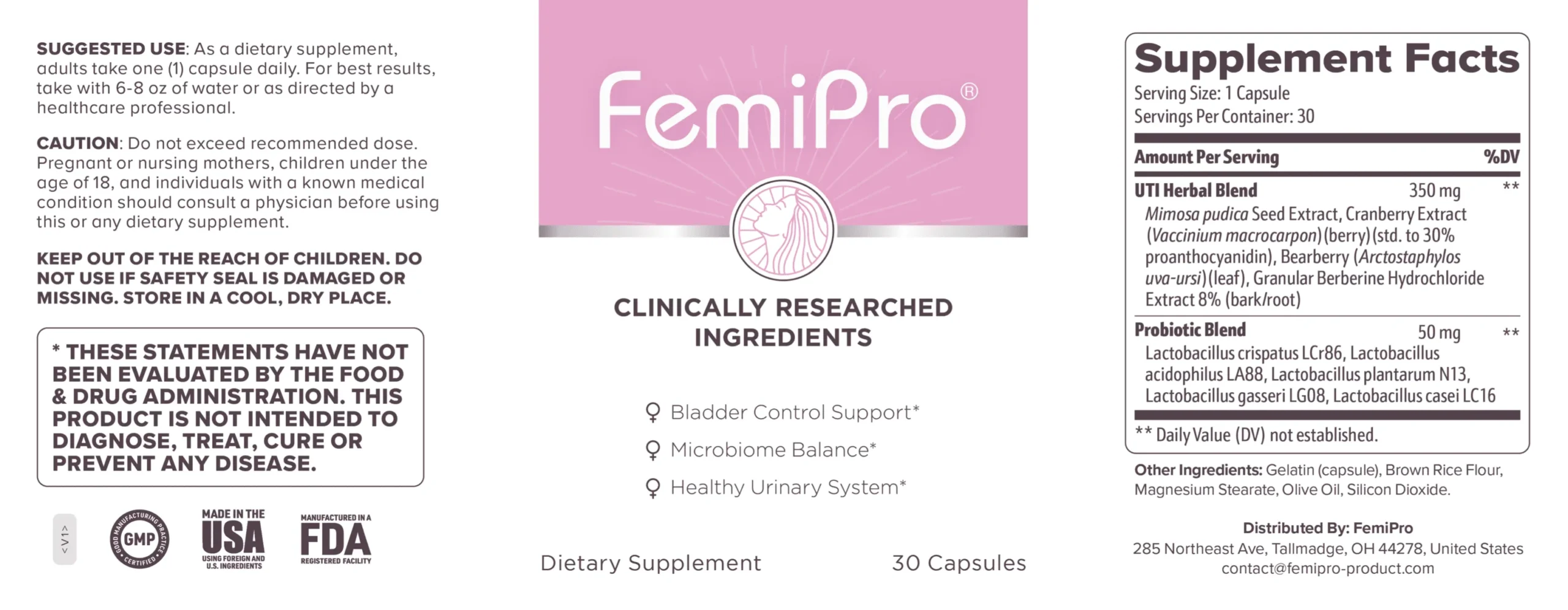 FemiPro ingredients – Mimosa Pudica, Bearberry, and probiotics for urinary tract health